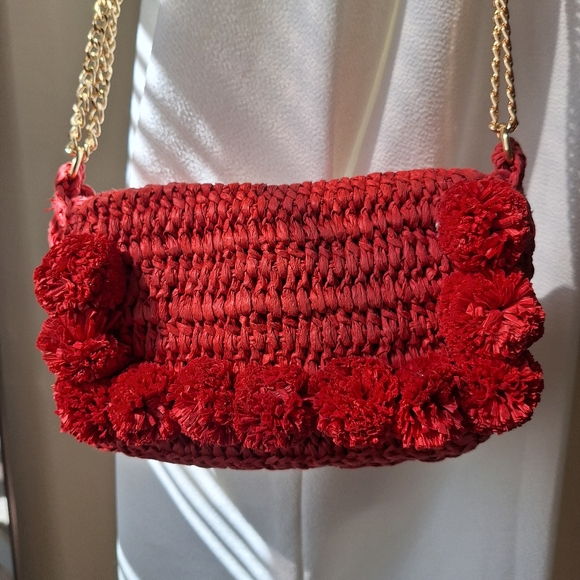 LOFT  Red Paper Straw Pom Pom Small Handbag - Picture 2 of 7